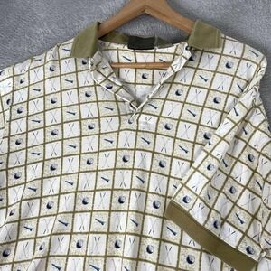 Vintage Farah Golf Polo Mens Medium White Olive Allover Print Grid Sporty